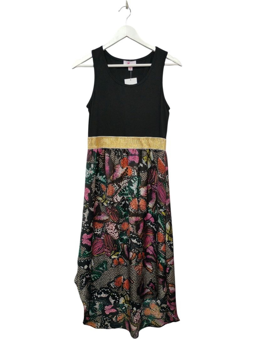 Charlo | Black butterfly pattern with gold band Dress | Size 10